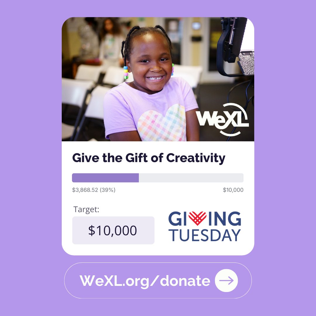 Thank you so much to everyone who has donated already!🌟 We're getting closer to our $10,000 goal every minute... Give the gift of creativity today at wexl.org/donate! 💜
#WeXLGivingTuesday #TogetherWeXL