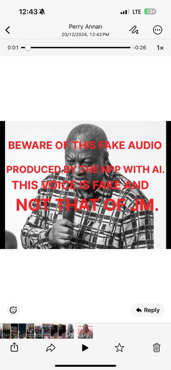 SammyGyamfi_'s tweet photo. BEWARE OF THIS FAKE AUDIO PRODUCED BY THE NPP WITH AI. THIS VOICE IS FAKE AND NOT THAT OF JM. https://t.co/sDluLwRc95