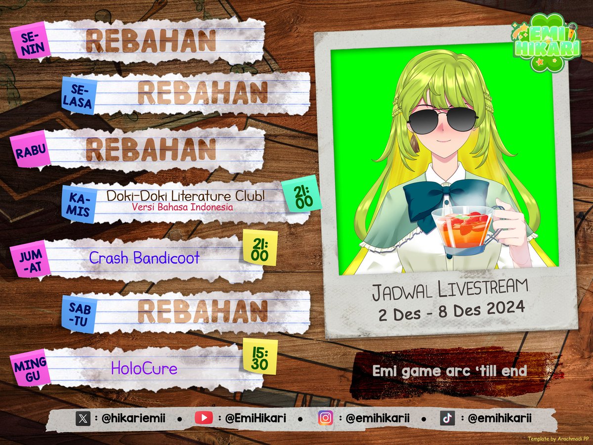 lyraazaleaa's tweet photo. 🌳Weekly Schedule 🌳
💚 2 Desember - 8 Desember 2024 💚
Hashtag:
General: #EmiHikari
Friend Name: #HikariS
Art: #EmiNArt
Live & Clips: #EmiAct
Meme: #emikari
Musik: #Emuse
Announcement: #jarkomi
Youtube: https://t.co/BNRLSBwHxB https://t.co/koVTmK6So9