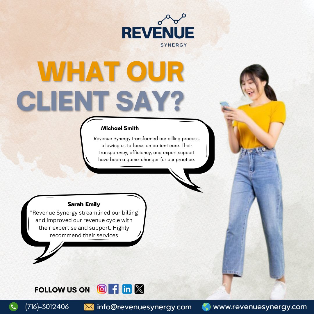 Revsyntech's tweet image. 💬 Client Testimonials:
"Revenue Synergy has been a game-changer for our billing process, letting us focus on patient care." - Michael S.
"Their expertise and support streamlined our billing and improved our revenue cycle. Highly recommend!" - Sarah E.
#RCMChallenges #Healthcare