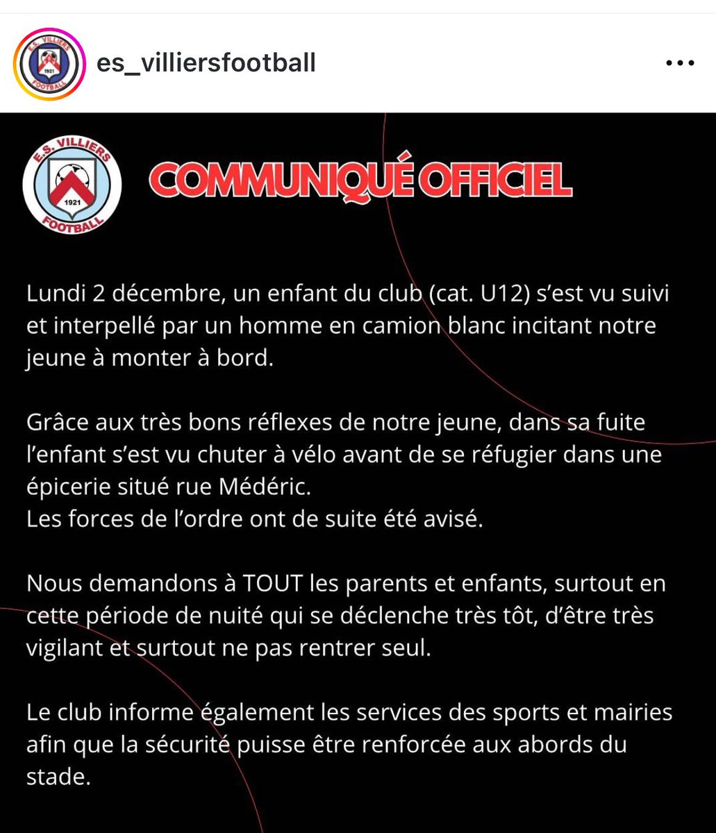 MohaBezzouaoui's tweet photo. Obligé de partager ce communiqué du club de Villiers sur Marne.
Heureusement que le petit a eu le bon réflexe.
Faites gaffe à vos enfants, ça peut arriver n’importe où et à n’importe qui. https://t.co/zqp8tJwlkL