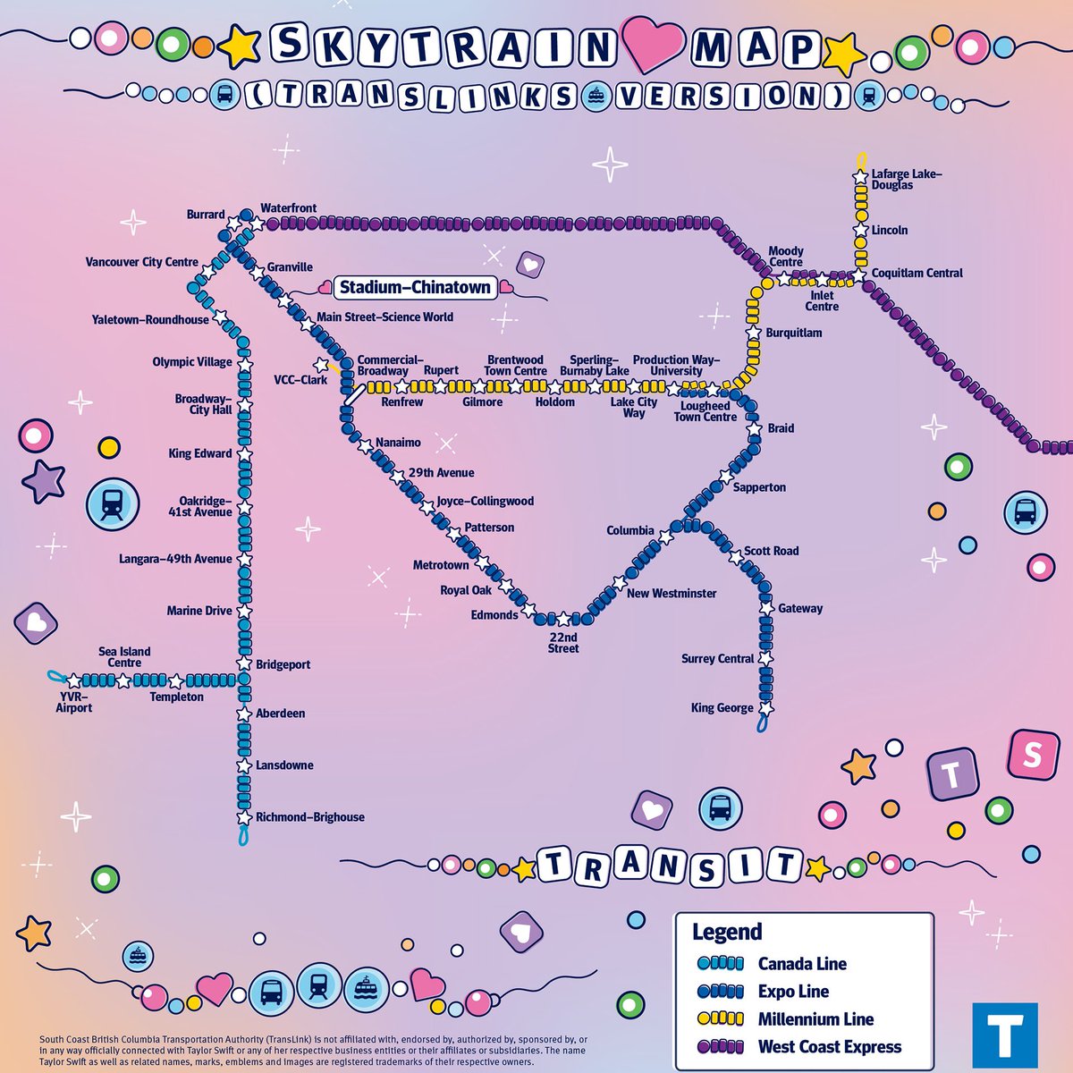 tswifterastour's tweet photo. 🚨| Vancouver's TransLink reveals their "Skytrain Map (TransLink's Version)" in honor of the final stop of Taylor Swift's 'The Eras Tour' this week! #VancouverTSTheErasTour https://t.co/Pa2WzO6I1E
