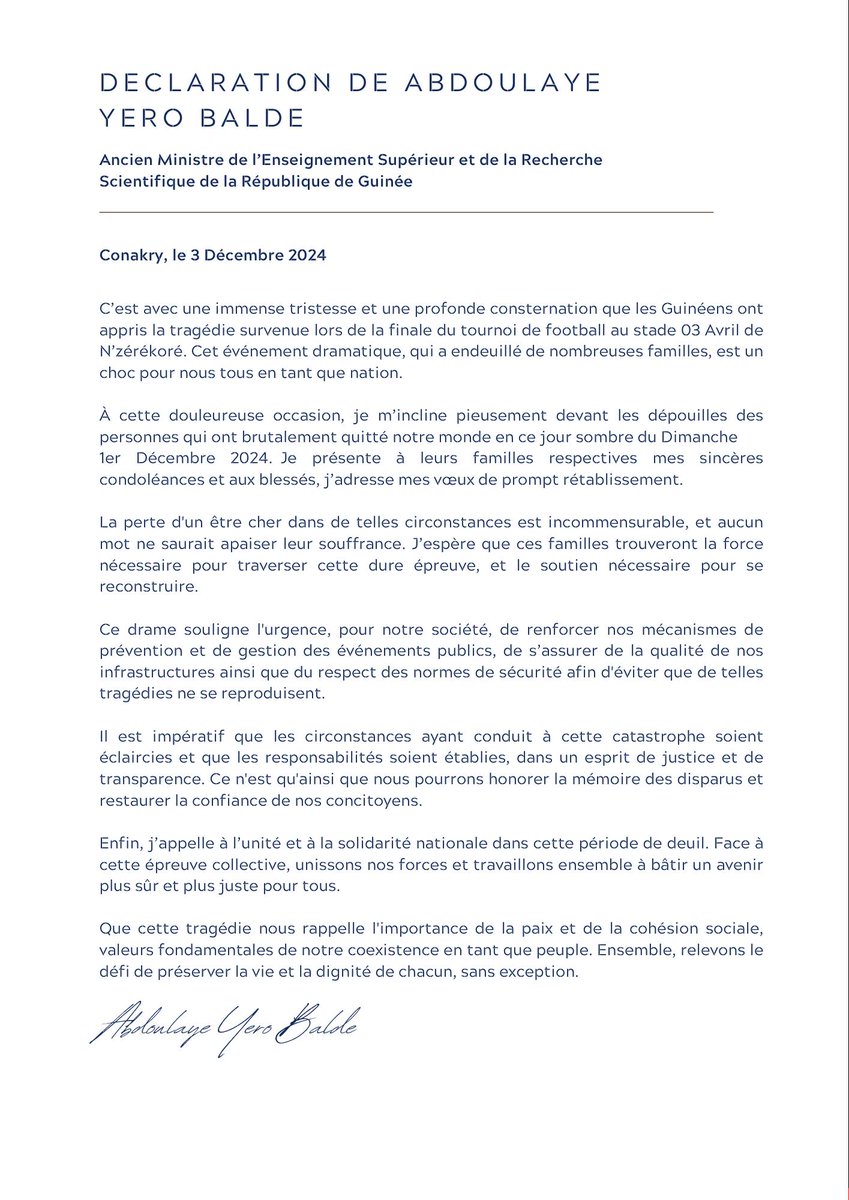 Voici ma déclaration sur Guineenews.org à l'occasion du drame survenu à Nzérékoré le Dimanche 1er Décembre 2024.

guineenews.org/drame-de-nzere…