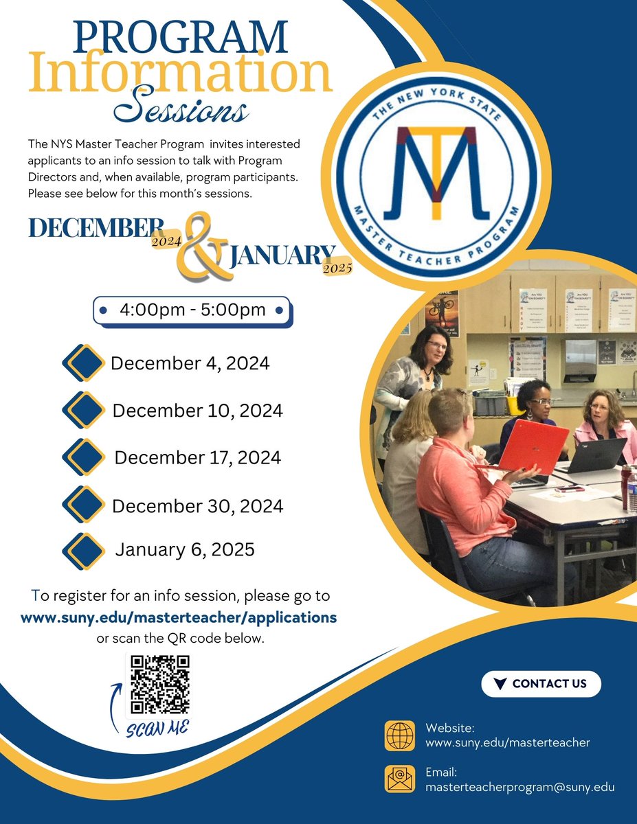 Register today for a December or January Info Session to learn more about the NYS Master Teacher Program! #NYSMTP #SUNY #MasterTeacher #MasterCounselor #TeacherLeadership #CounselorLeadership #STEM