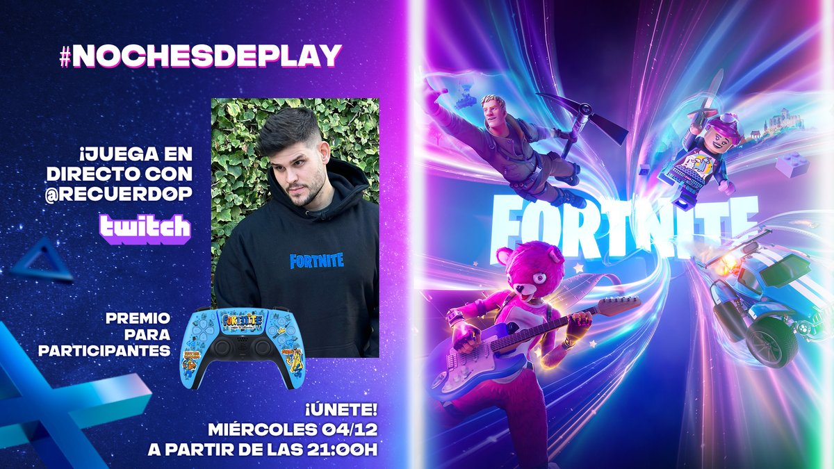 ¡HOY hay #NochesDePlay!🌠
OCTAVO ANFITRIÓN: <a href="/Recuerd0p/">Recuerd0p</a>
Saltamos a LA ISLA porque jugamos a #Fortnite de #PS5, ¡usando el Dualsense edición limitada! 
Mola, ¿eh? 😎Pues atentos porque se sorteará 1 entre los participantes del chat.
En TWITCH a las 8:30PM👉twitch.tv/recuerd0p