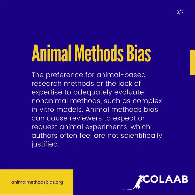 Animal Methods Bias: The preference for animal-based research methods or the lack of expertise to adequately evaluate nonanimal methods, such as complex in vitro models. Animal methods bias can cause reviewers to expect or request animal experiments, which authors often feel are not scientifically justified.