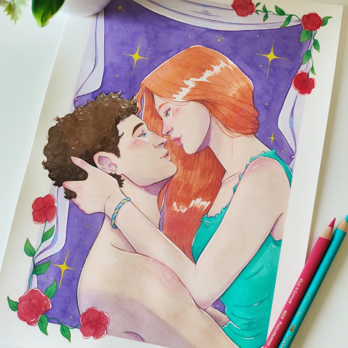 Esta es la última acuarelita que hice.

No me preguntéis porqué pero tengo muchas ganas de hacer escenas del estilo. No la veo mal como portada de alguna historia romántica 🫣

Espero que os guste 🩷