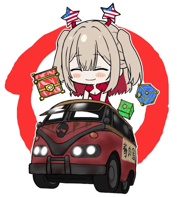 冬服はりまる+社有車おめでと絵。新ガチャでえぐい稼ぎ叩き出してて笑っちゃった。#罰アート #奇肉屋 
