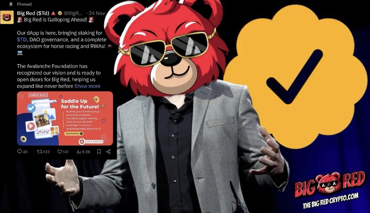 HorseRwa's tweet photo. 🚨MASSIVE NEWS from Big Red Racing Stable!

We're officially a verified organization with the GOLD CHECKMARK on X, solidifying our status as a leader in harness racing and the integration of real-world assets (RWA) into the blockchain space.  

This milestone is a testament to our commitment to transparency, professionalism, and innovation as we continue to bring the worlds of horse racing and Web3 together on the Avalanche🔺️ Blockchain.

From the track to the blockchain, Big Red Racing Stable is setting the standard:  
- Real-World Success:  5 race ready horses part of our stable and a vision to build a lasting legacy on the track and in crypto for generations to come.
- Deflationary Tokenomics: Burning 33% of the tax collected every week reinforces the deflationary nature of the Big Red $TD token. This will help in reducing supply over time and increasing the token's scarcity, benefiting holders.
- NFT Utility: Our sold-out NFTs deliver true ownership benefits and exclusive rewards.

Many thanks to everyone who has supported us throughout this journey and continue to stand by our side. The GOLD ticker is just the beginning!

🔥Retweet to spread the word - BIG RED is just GETTING STARTED!

#BigRedRacing #GoldTicker #HarnessRacing #AVAX
#memecoin <> #RWA