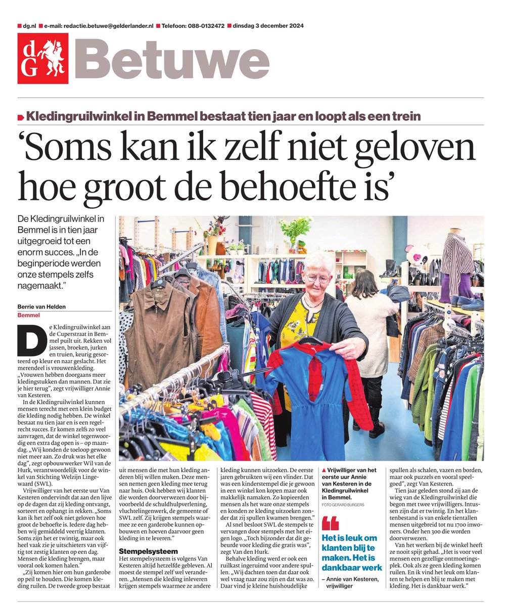 "De Kledingruilwinkel in Bemmel bestaat 10 jaar en loopt als een trein". Vandaag in Dagblad De Gelderlander <a href="/dgbetuwe/">De Gelderlander</a> <a href="/DeGelderlander/">De Gelderlander</a> #ruilen #duurzaamheid #circulair #ontmoeten