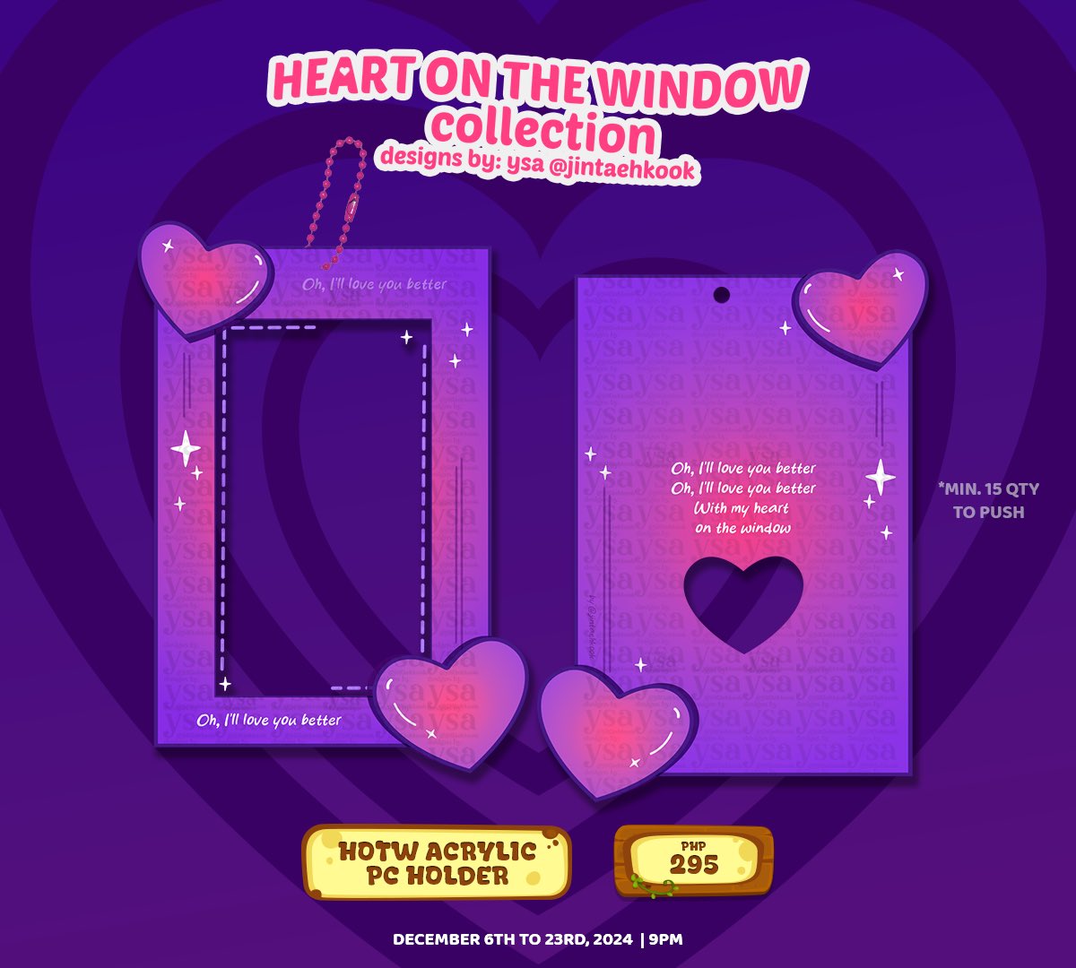 jintaehkook's tweet photo. heart on the window acrylic pc holder (hotw) ♡‧₊˚

⌖ minimum of 15 orders per version to push
⌖ available in white and pink purple gradient version

#jtkdesigns #hotwcoll https://t.co/9MClgSjmtu
