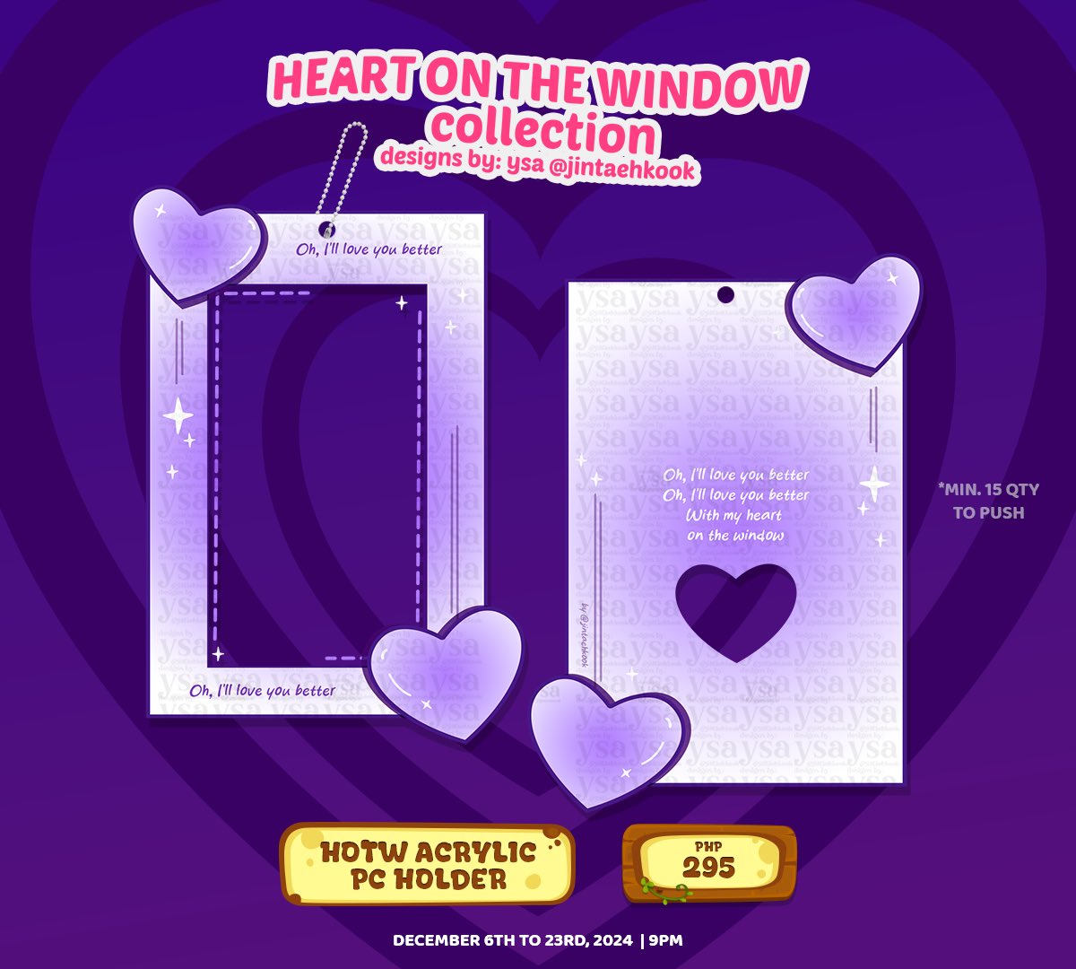 jintaehkook's tweet photo. heart on the window acrylic pc holder (hotw) ♡‧₊˚

⌖ minimum of 15 orders per version to push
⌖ available in white and pink purple gradient version

#jtkdesigns #hotwcoll https://t.co/9MClgSjmtu