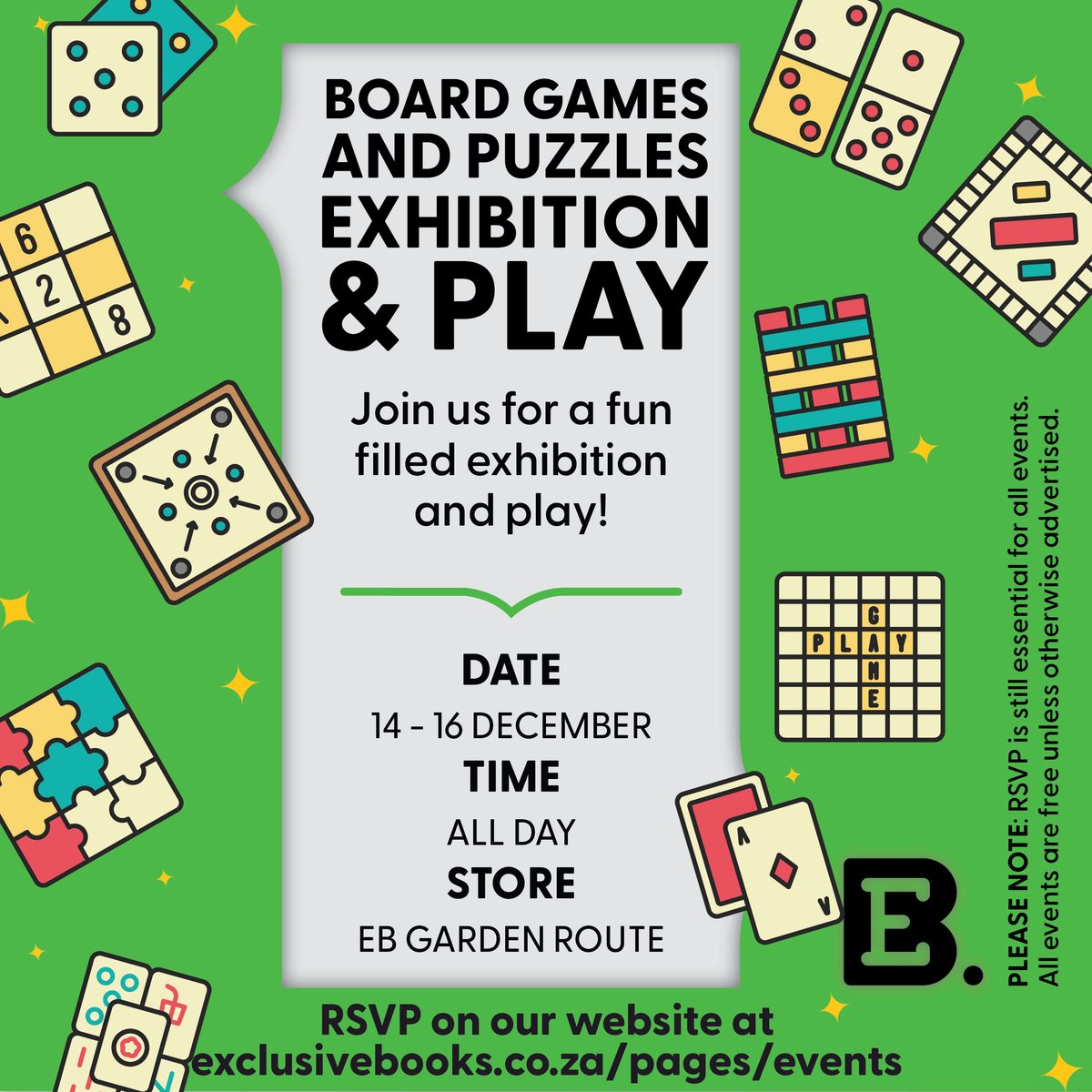 ExclusiveBooks's tweet photo. 📍🗓️ Join us at EB @GardenRouteMall for a Board Games and Puzzles Exhibition!

📩 RSVP here: https://t.co/eWW3hwLUU5 https://t.co/BfZghW1x6B