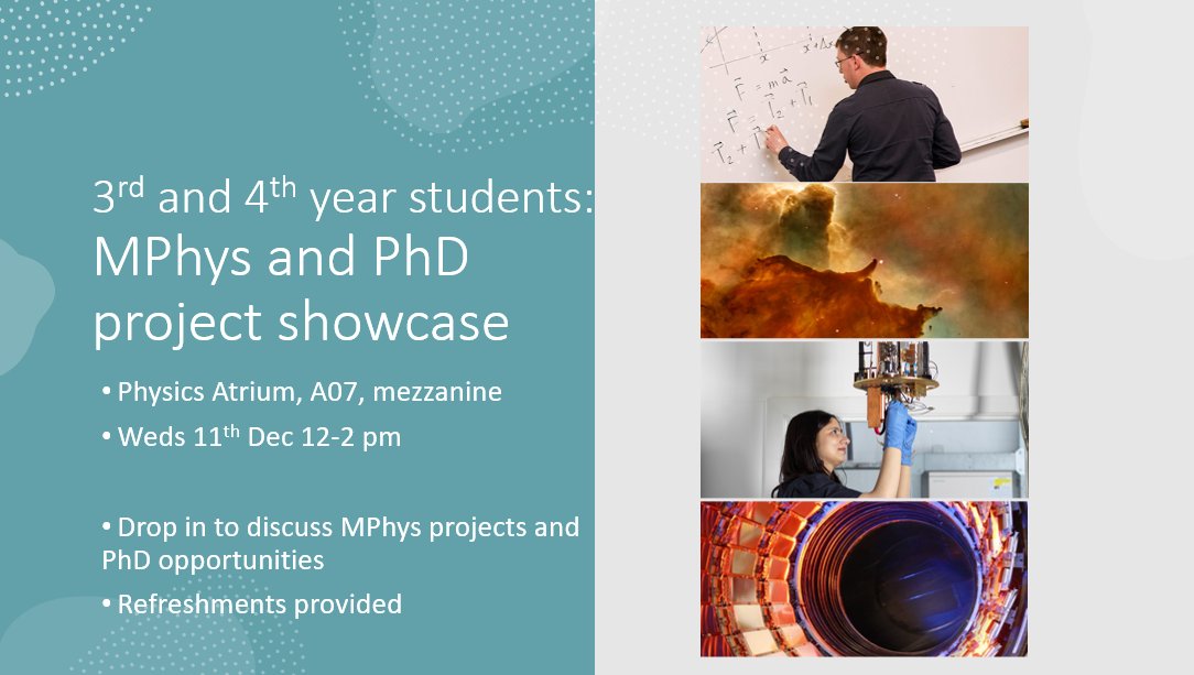 📣 Calling all 3rd and 4th year students 📣

MPHYS AND PHD PROJECT SHOWCASE - Wednesday 11th December - Physics Atrium

Drop in to discuss MPhys projects and PHD opportunities 🤝

#LUPhysics