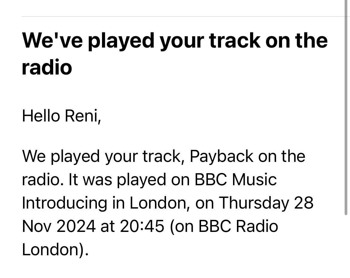 itstheonlyreni's tweet image. GUYSSS…. My first ever Radio play!!!🥹🎉 Thank you to @bbcintroducing and @jjiszatt for playing ‘Payback’ on BBC Introducing London and for the kind words! Submitted and played within days 🤩🖤🙈 #bbcintroducing #bbcintroducinglondon #bbcradio #bbcradiolondon