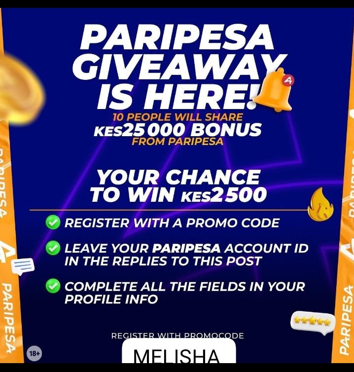Giveaway! 10 people to share 25000 KES bonus from PariPesa
📢 Get a share of 2500 KES giveaway
✅ register👉bit.ly/3MKeIJB
✅ promocode👉MELISHA 
✅ Complete ALL THE FIELDS in your Profile
Winners will be chosen randomly.