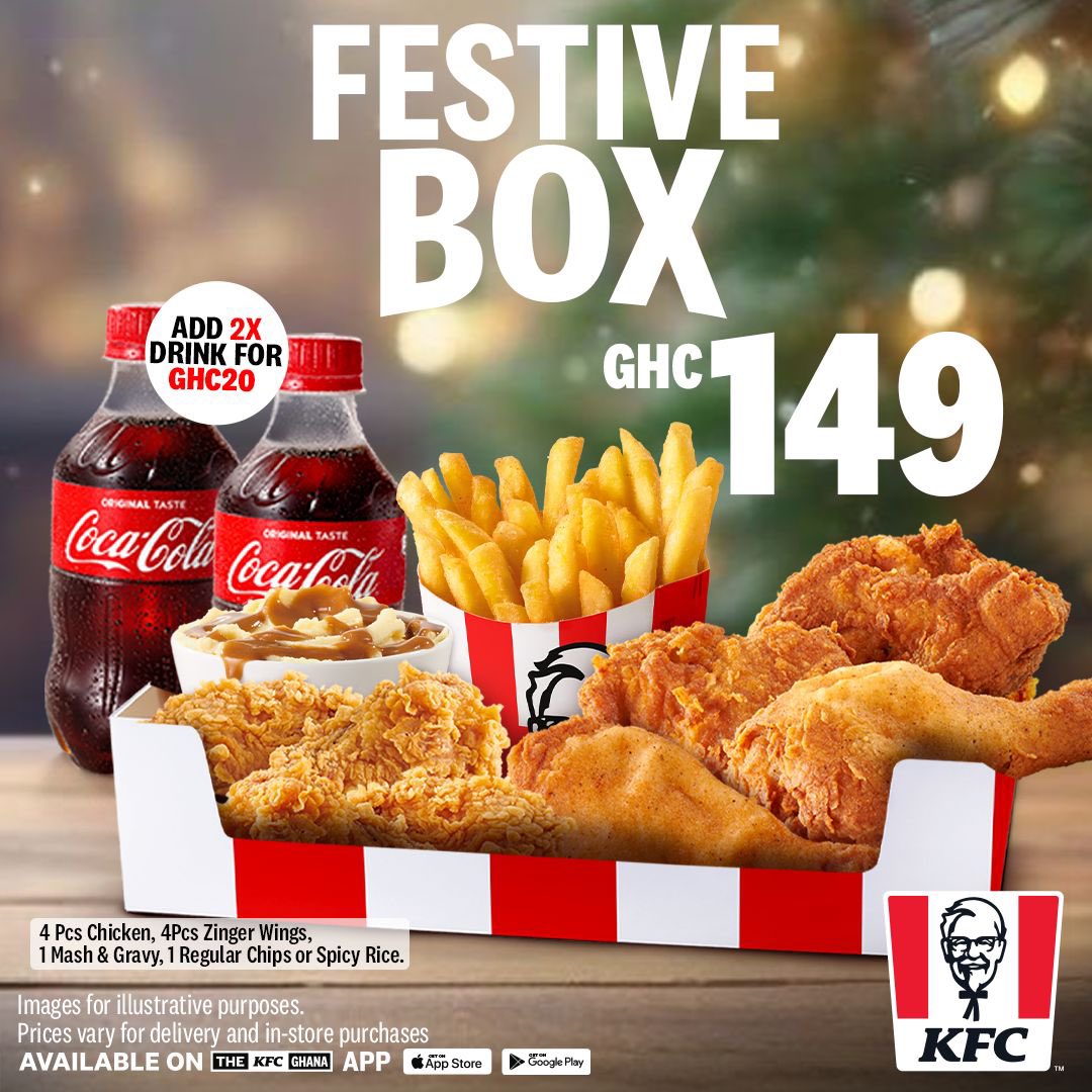 wahababdul264's tweet photo. This festive season, it’s all about great food and even greater memories. Treat your loved ones to KFC’s Festive Box (GHC 149) or Festive Feast (GHC 279). Taste the joy! #FestiveBundle https://t.co/8XrpB4Uqpv