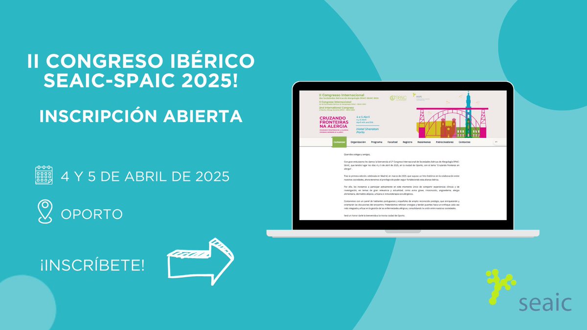 📍 ¡Abiertas las inscripciones para el II Congreso Ibérico SEAIC-SPAIC 2025! Un evento clave sobre #alergología y #asma: #rinosinusitis, #angioedema, #alergia, #urticaria o #inmunoterapia.

📋 Inscríbete y envía tu comunicación aquí 👉 pmsl.es/1ee