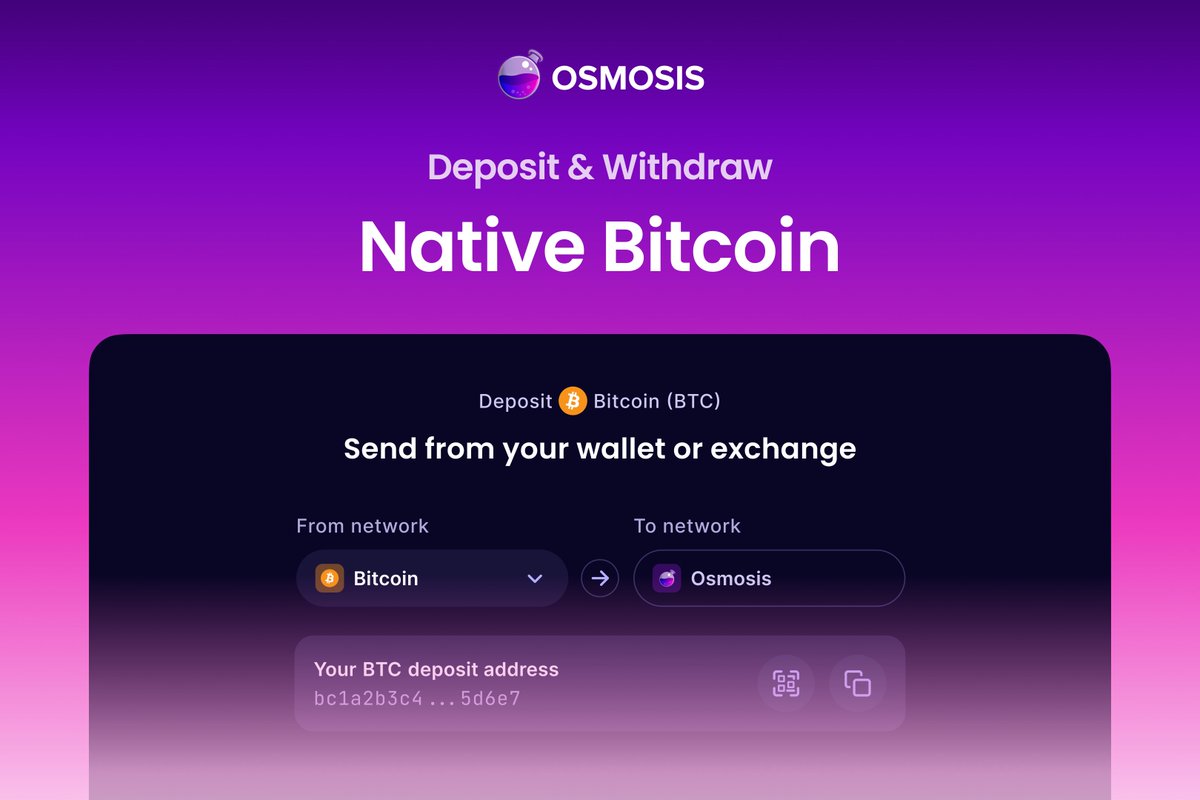 osmosiszone's tweet image. In just one simple step, you can now transfer native Bitcoin from any BTC wallet or exchange directly to Osmosis 🧪
Powered by @nomicbtc, native BTC can now be bridged to Osmosis in a decentralized and non-custodial way — with no fees! 🤯