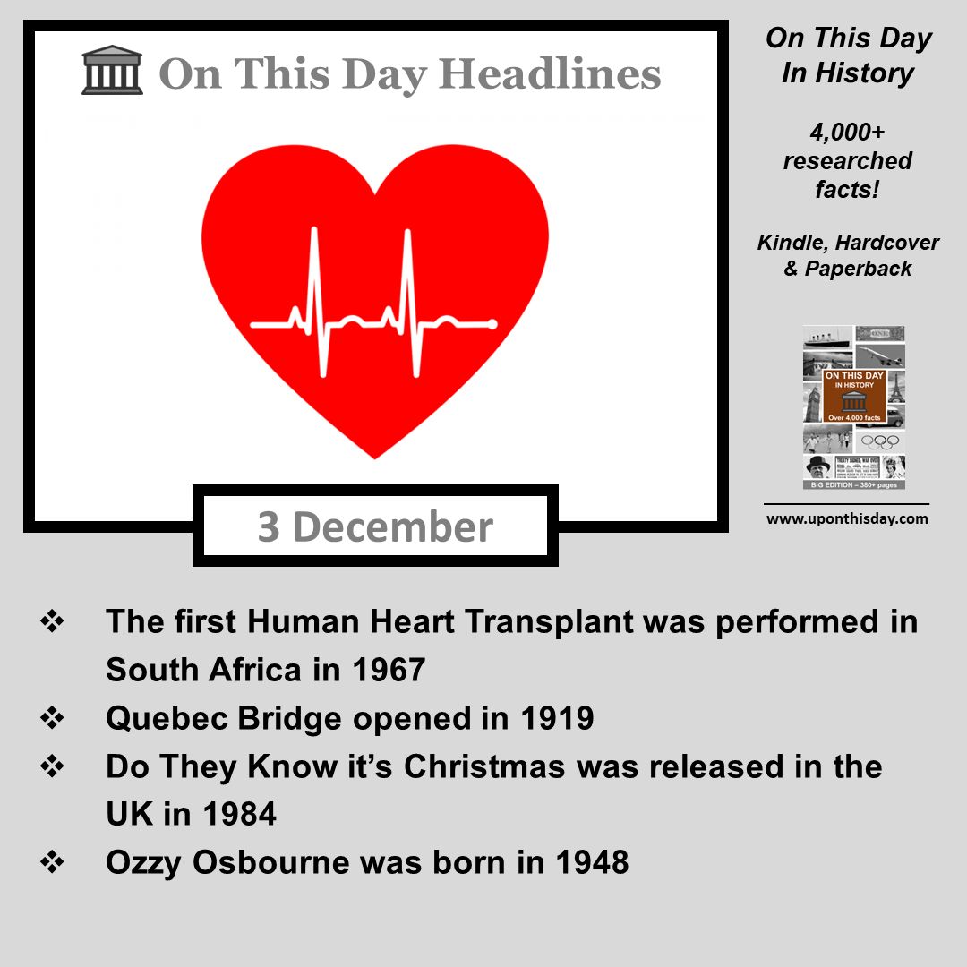 uponthisday's tweet photo. #OnThisDay Headlines #OTD
- 1st #HumanHeartTransplant in South Africa in 1967
- #QuebecBridge opened in 1919
- #DoTheyKnowItsChristmas was released in the UK in 1984
- #OzzyOsbourne was born in 1948
More here https://t.co/gDxaShQIQu https://t.co/i4vn9iwtaJ