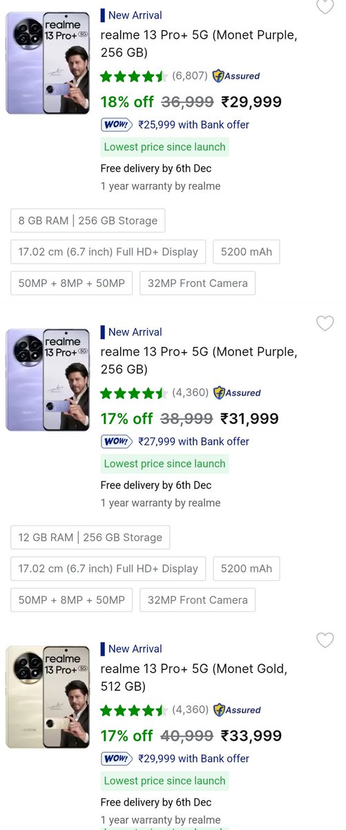 TusharG98540565's tweet photo. Realme 13 Pro+ is currently available at the lowest price on Flipkart.
Available at โน30K for the base variant. When compared with the Launched price it almost โน3K less amount.
#Realme13ProPlus https://t.co/p5sAe4BblH