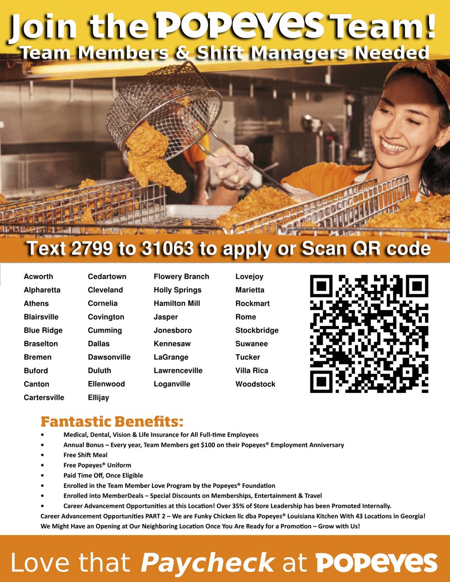 FunkyChickenATL's tweet image. Join our Popeyes family as a Team Member, Shift Manager or General Manager and spice up your career! The Funky Chicken 🐔 is a Popeyes Louisiana Kitchen franchisee with over 40 locations. 🍗#Popeyes #FastFoodJobs #OpentoWork #Hiring #GeorgiaJobs #AtlantaJobs #AtlantaGA