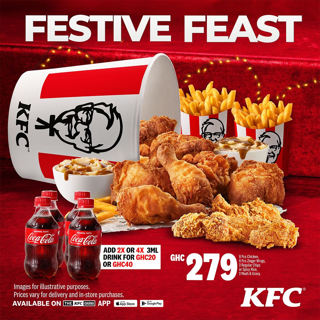 stlucid_'s tweet photo. Gather around for joy, laughter, and tasty treats from KFC this festive season! Enjoy the Festive Box for GHC 149 or the full Festive Feast for GHC 279. #FestiveBundle https://t.co/EJRZoSmBwi