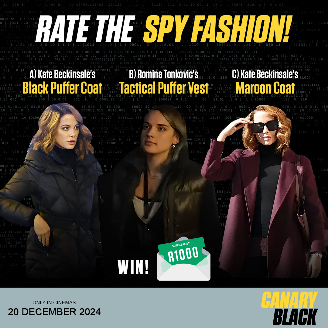 FilmfinityZA's tweet photo. You could WIN a R1000 Superbalist voucher!
Calling all fashion-forward agents! Comment below your score out of 10 for these three spy-inspired outfits. #CanaryBlack
 
A) Kate Beckinsale's Black Puffer Coat
B) Romina Tonkovic's Tactical Puffer Vest
C) Kate Beckinsale's Maroon Coat https://t.co/NwXl3VHCZH