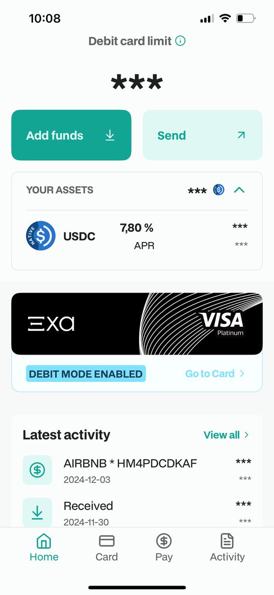ianteperman's tweet photo. probando la tarjeta de @Exa_App en Airbnb para el verano y con los USDC al 7% mientras esperan al próximo gasto. Muy fácil todo 👏👏 https://t.co/hNG4Q3YOXW