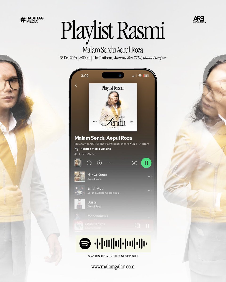 Official Spotify Playlist #MalamSenduAepulRoza is out now! Aepul akan membawa 25 buah lagu pda 28 Disember ini di The Platform @ Menara KEN TTDI! 

Dapatkan tiket korang sekarang di malamgalau.com sebelum terlambat ‼️