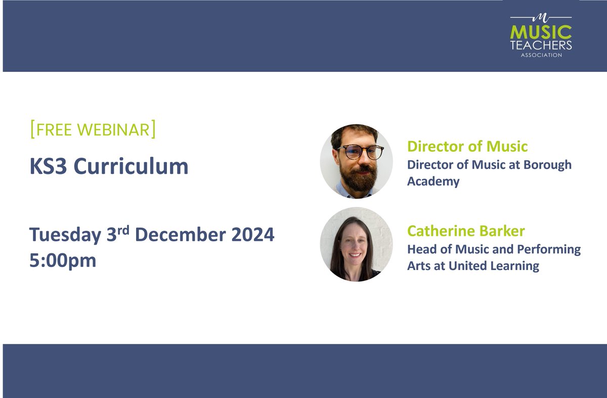 Music Teachers Association (@musicteachers_) on Twitter photo It's not too late to join us for this FREE webinar this afternoon! 5.00pm on Zoom - register below to hear <a href="/trebleteaching/">Alex Parsons</a> and <a href="/United_Music1/">United Music</a> discuss
all things KS3 curriculum!
tinyurl.com/yv4ndc2e It's not too late to join us for this FREE webinar this afternoon! 5.00pm on Zoom - register below to hear <a href="/trebleteaching/">Alex Parsons</a> and <a href="/United_Music1/">United Music</a> discuss
all things KS3 curriculum!
tinyurl.com/yv4ndc2e