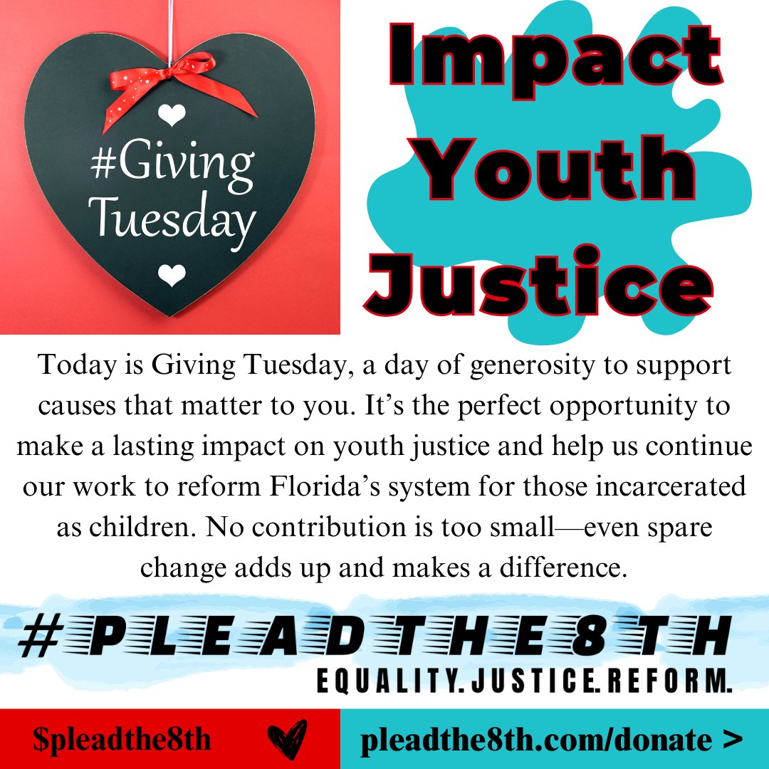 pleadthe8th's tweet photo. Today is Giving Tuesday, the biggest donation day of the year! Want to take part in this day of generosity? Your support helps us reform Florida’s system for those incarcerated as children. ✊🏿✊🏾✊🏽⚖
💙Donate: https://t.co/hidNBN1s0r
💙CashApp: $pleadthe8th https://t.co/JwUMlImF8e