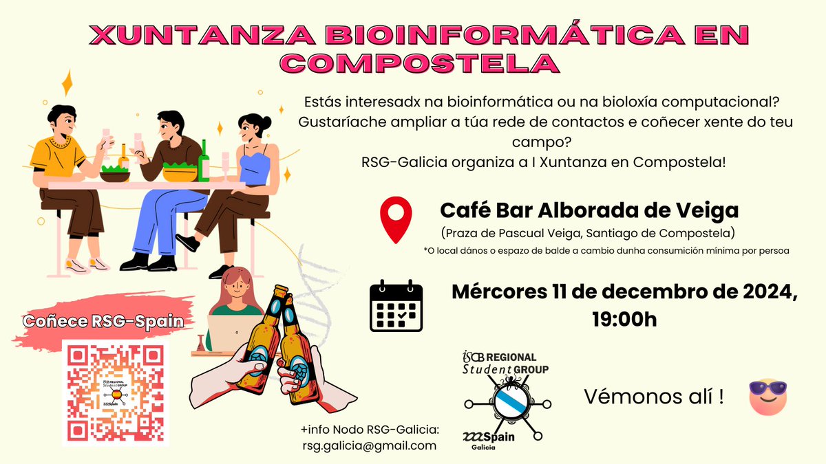 👉 A I Xuntanza Bioinformática desde o nodo galego de RSG-Spain xa ten data e lugar! Apuntade nas vosas axendas 📝

📆 Mercores 11 de decembr 2024 ás 19.00h.

📍 Café Bar Alborada de Veiga (Praza de Pascual Veiga, Santiago de Compostela) - maps.app.goo.gl/gvWFP54CjvqufT…