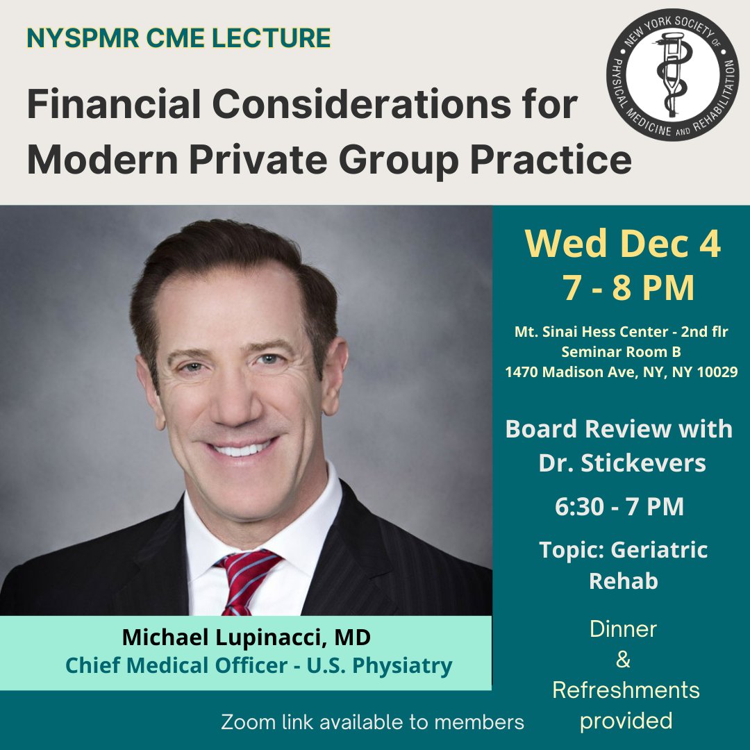 NYSPMR (@nyspmr) on Twitter photo Join us this Wed Dec 4 for our CME lecture with guest speaker Dr. Lupinacci CMO for <a href="/usphysiatry/">usphysiatry</a> . see our profile link for details or visit nyspmr.org #pmr #physiatry #rehabdoc #nyspmrevents Join us this Wed Dec 4 for our CME lecture with guest speaker Dr. Lupinacci CMO for <a href="/usphysiatry/">usphysiatry</a> . see our profile link for details or visit nyspmr.org #pmr #physiatry #rehabdoc #nyspmrevents