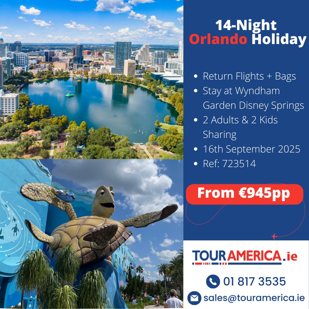 Tour America (@touramericatv) on Twitter photo 14-Night Orlando Holiday – Only Pay for 12!
✈️ Departing 16th September 2025
🏨 Stay 14 Nights at Wyndham Garden Disney Springs
👨👩👧👦 Based on 2 adults and 2 kids under 12 - €945 per person
✈️ Including Return Flights + Bags
📅 Ref: 723514
📞 01 8173535 📧 sales@touramerica.ie 14-Night Orlando Holiday – Only Pay for 12!
✈️ Departing 16th September 2025
🏨 Stay 14 Nights at Wyndham Garden Disney Springs
👨👩👧👦 Based on 2 adults and 2 kids under 12 - €945 per person
✈️ Including Return Flights + Bags
📅 Ref: 723514
📞 01 8173535 📧 sales@touramerica.ie