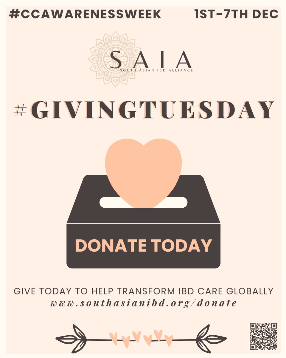 Day 3 #CCAwarenessWeek 

#GivingTuesday is the perfect time to give towards our cause to support patients &amp; clinicians on an important mission to reduce healthcare disparities.

Donate to SAIA today &amp; help transform care for #IBD patients globally: southasianibd.org/donate/