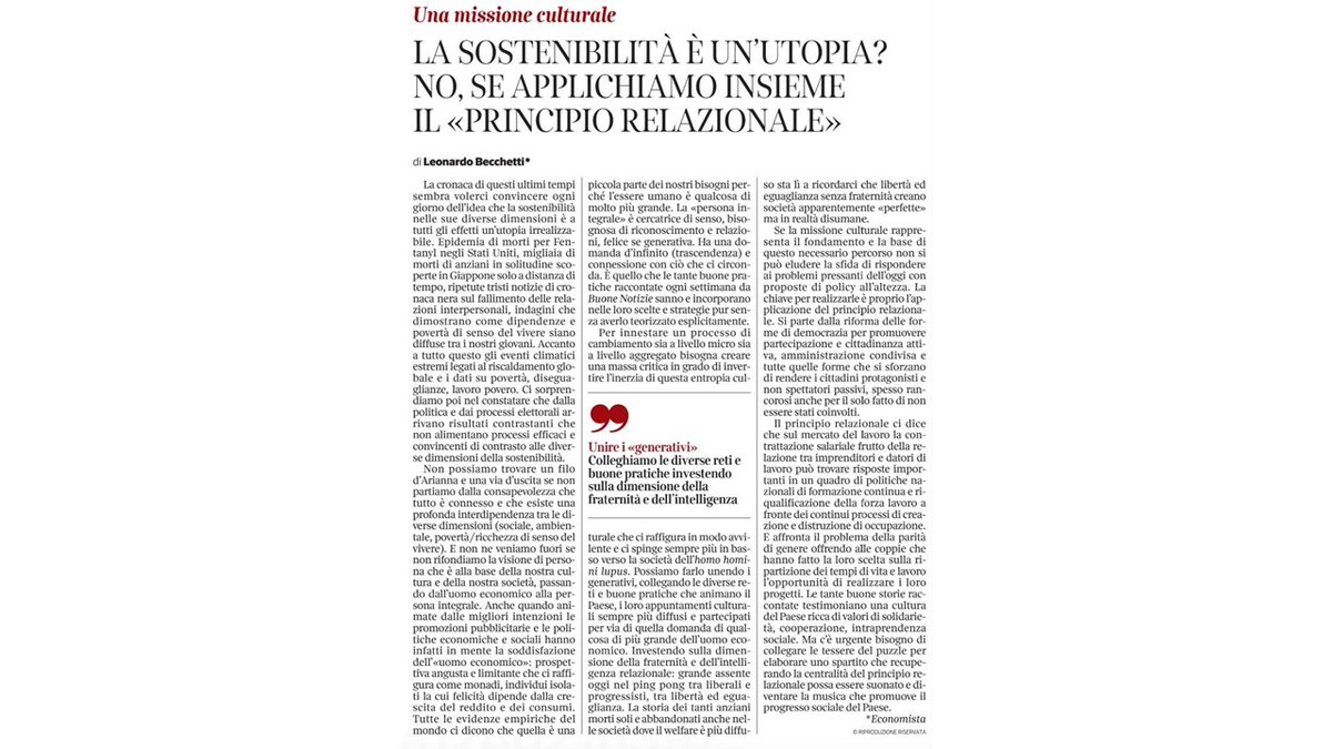 Il nostro futuro non è necessariamente la catastrofe globale se superiamo questa fase di analfabetismo relazionale di ritorno

e mettiamo al centro il principio relazionale e la generatività....

Il pezzo di oggi sul Corriere