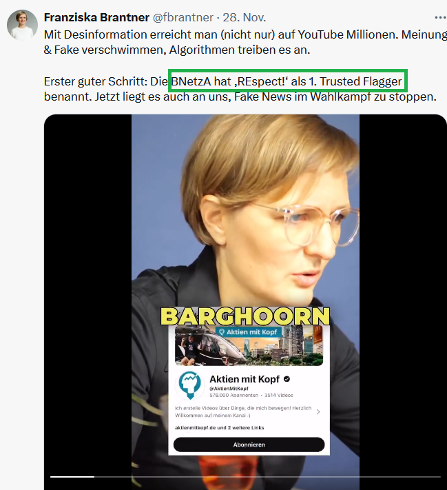 Die neue Grünenchefin <a href="/fbrantner/">Franziska Brantner</a> will Wirtschaftsleute  wie den netten <a href="/MitAktien/">Kolja Barghoorn</a> mittels grüner Behörden und NGOs canceln lassen. 

Kein Zufall: Immer mehr merken, dass Habecks „Grünes Wirtschaftswunder” in der Praxis Verlust und Verarmung bedeutet.

Dass die Grünen die