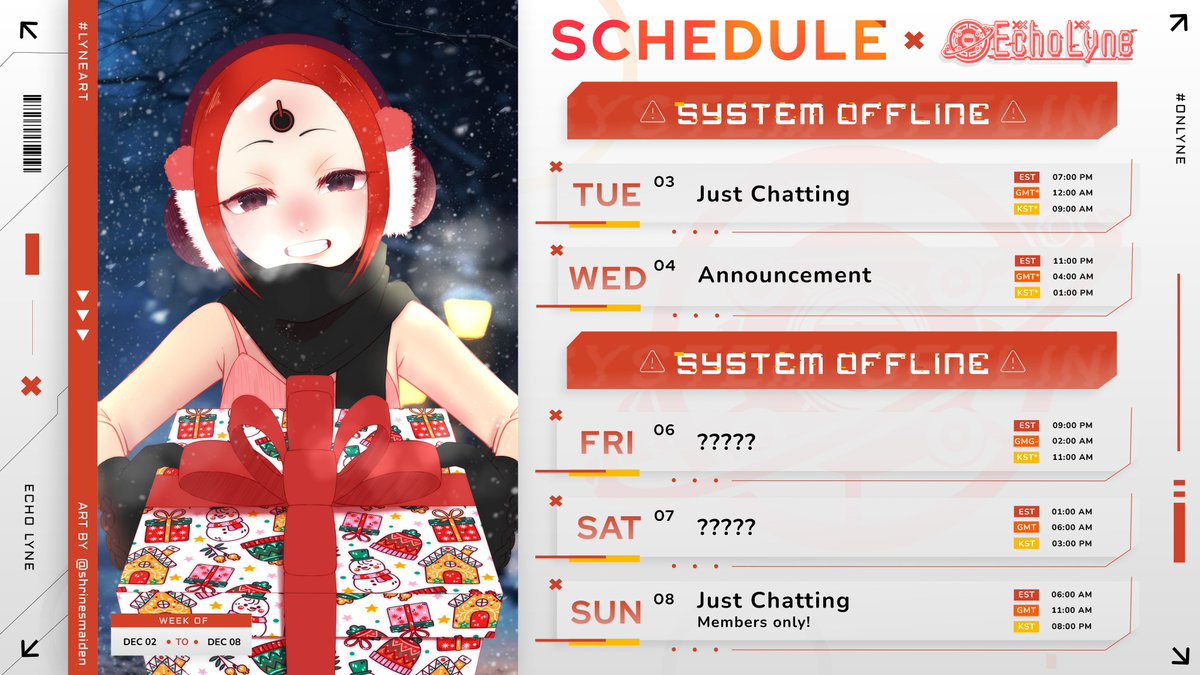 EchoVNU's tweet photo. 🪫 SCHEDULE 12/02 - 12/08 🪫
BOSS ANNOUNCEMENT??????
Live: #OnLyne
Art: #LyneArt
Meme: #Echopium
Clips: #Echollection
Oshi Mark: 🪫 https://t.co/zzYiXcHGep