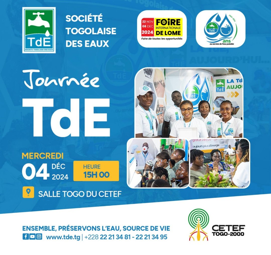 Journée entreprise à la #19èFIL CETEF-TOGO 2000, la #TdE vous donne rendez-vous 
#Eaupotable
#FoireTogo2000
<a href="/eau_tg/">Ministère de l’Eau et de l’Assainissement</a> <a href="/laTdE_SA/">TdE Officiel</a> <a href="/SPEAU2/">SP-EAU Officiel</a> <a href="/TogoOfficiel/">République Togolaise</a>