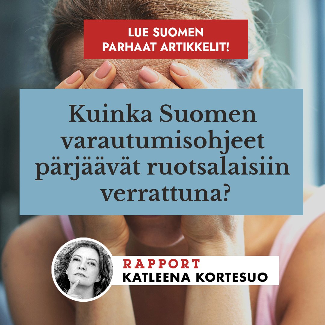 RapportFI's tweet photo. Viestintähuippu Katleena Kortesuo vertaili Suomen 🇫🇮  ja Ruotsin 🇸🇪 varautumisohjeita — kumpi voittaa?

Tiedustelun tiistaikirjeessä (5,90 € / kk) pohditaan tällä viikolla varautumista poikkeustilanteisiin. Kotivara on jotenkuten kunnossa, mutta firmavara ei. Entä mistä tietäisimme ihmisten osaamisen, jos Suomeen tulisi poikkeusolot?

https://t.co/cIy7swKB28