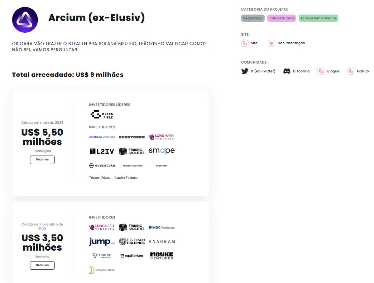 Hoje teremos um AMA com o CEO da <a href="/arcium/"></a> no Discord da <a href="/CHAcademyBR/">Crypto Hodlers Academy</a> as 20hrs.

A Arcium busca trazer Confidencialidade dentro da Solana.  

Se você é BR, já deve estar pensando em como fugir do leão. Dá? Não sei, isso é crime lkkkk

Enquanto isso, olha quem tem por trás: