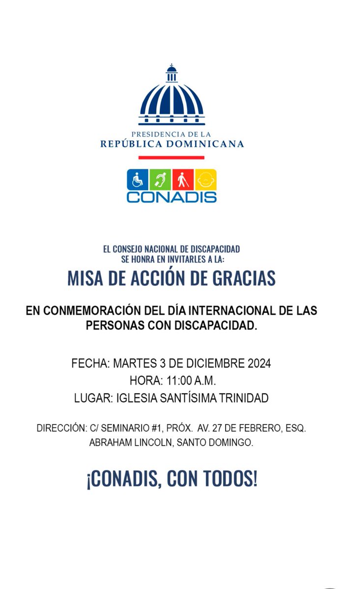 BennyMetz's tweet image. Misa de Acción de Gracias @ConadisRD

Día internacional de las Personas Con Discapacidad🙏

#ConadisConTodos #DiaInternacionalDeLasPersonasConDiscapacidad