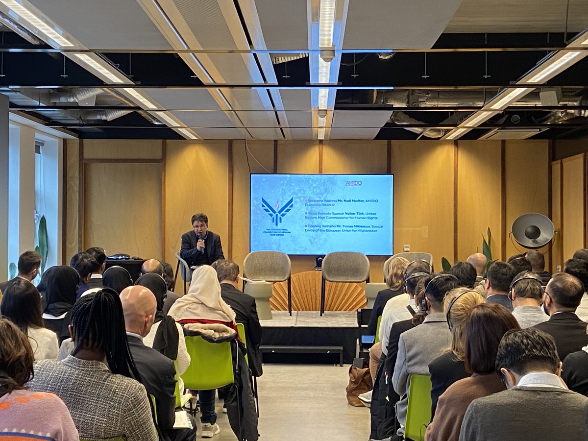 AhrdoAfg's tweet photo. The First International Convention of Afghan War Victims is currently underway in The Hague. The event began with a welcome remark by #AHRDO's director, Hadi Marifat, followed by a video keynote speech from Volker Türk, the UN High Commissioner for Human Rights. https://t.co/rDX6inpDqg