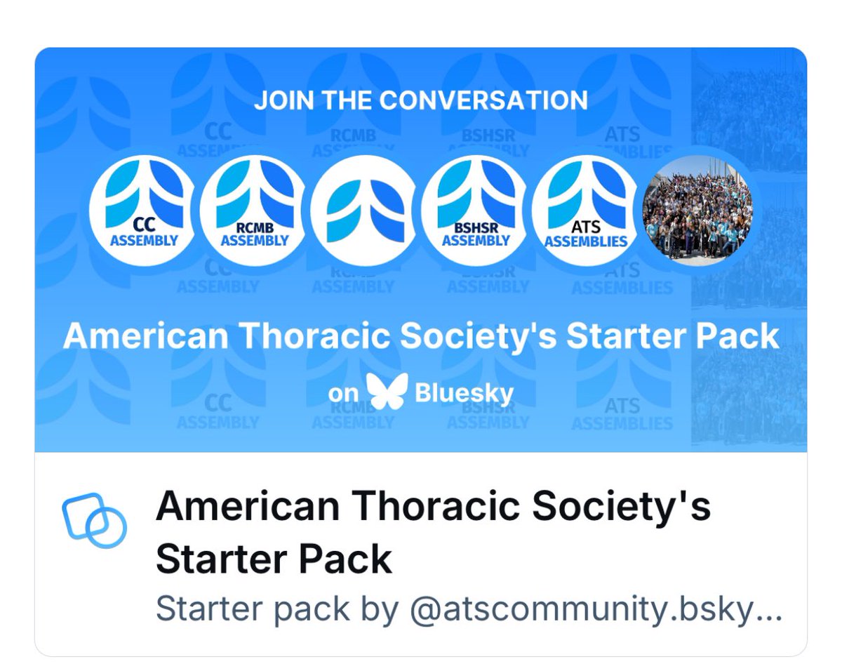 To all PCCM crews still on this platform.  The American Thoracic Society, its Journals &amp; assemblies are on Bluesky (so am I and many others), if you’re not on - please join, check out the #ATS starter pack 
go.bsky.app/3ALKLSm and many other great features #PCCSKy