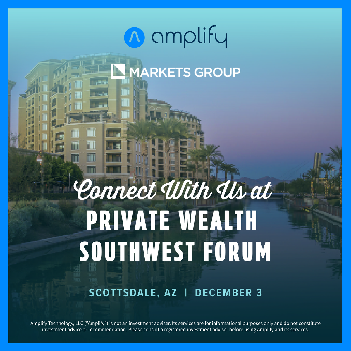 AmplifyPlatform's tweet photo. Come find us at the Private Wealth Southwest Forum today!

This event promises an exciting lineup of discussions and updates on the latest trends shaping wealth management and investment strategies.

We are thrilled to be here and ready to speak with our peers in the wealth management space! Looking forward to making strong connections, having meaningful conversations, and gaining lasting insights.

#PrivateWealth #MarketsGroupPW #WealthManagement #InvestmentStrategies #FinancialAdvisors #Networking
