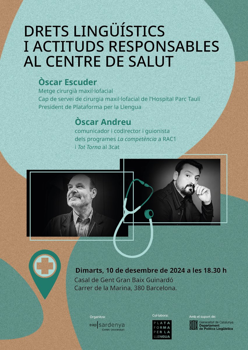 📢El pròxim dimarts, 10/12, al Casal de la Gent Gran del Baix Guinardó, organitzem una ponència amb <a href="/llenguacat/">Plataforma per la Llengua 📢</a> i comptarem amb la participació del comunicador de RAC1 i TV3 <a href="/OscarAndreu/">Òscar Andreu</a> i l'Òscar Escuder, cirurgià maxil·lofacial i president de <a href="/llenguacat/">Plataforma per la Llengua 📢</a>.

Us esperem!