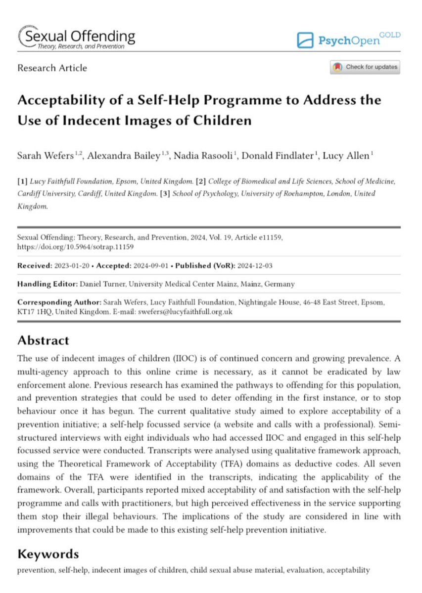 🎉 New paper out🎉
We explored the acceptability of our <a href="/Lucy_Faithfull_/">Lucy Faithfull Foundation</a> Stop It Now Get Help online self-help modules addressing the use of #CSAM 
<a href="/SOTRAP_Journal/">Sexual Offending: Theory, Research, and Prevention</a> 
<a href="/DonaldFindlater/">Donald Findlater</a>
