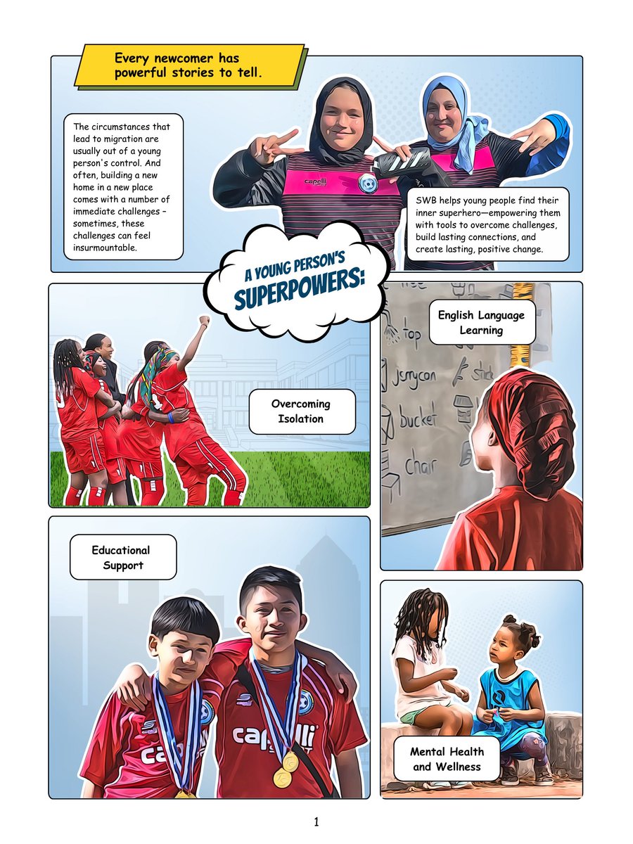 soccerwoborders's tweet photo. This #GivingTuesday, celebrate ¡FUERZA DEL JUEGO! 
Weekly graphic novels highlight newcomer stories of resilience, harnessing soccer to overcome challenges in language, education, isolation &amp; mental health.

Be a hero—invest in the POWER OF PLAY today: https://t.co/kr34WHZ5sA https://t.co/DO7lUogjHW