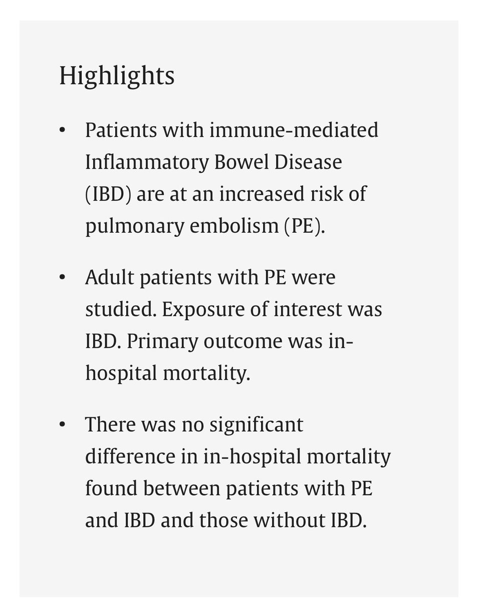 Prevalence and outcome of acute pulmonary embolism in hospitalized patients with a history of inflammatory bowel disease
sciencedirect.com/science/articl…